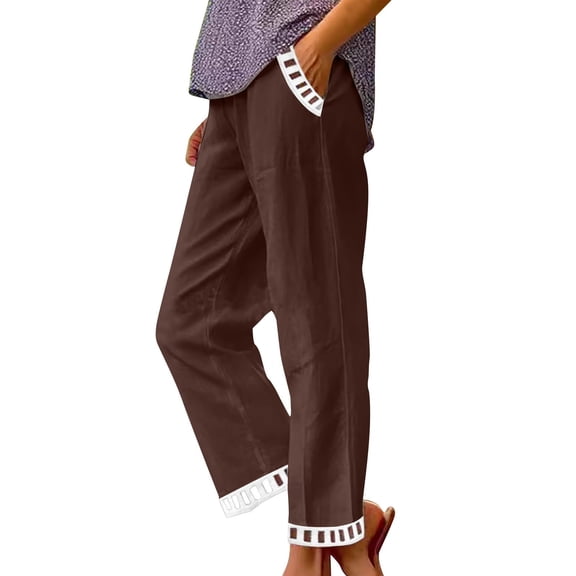 Garbnen Women's Linen Pants Casual Baggy Elastic Waist Straight Leg Pants Women Travel Summer Beach Trousers for Women with Pocket