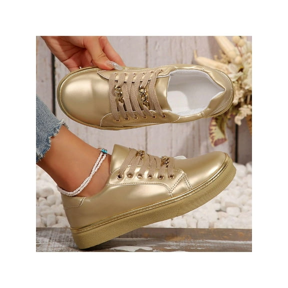 Stylish Women’s Low Top Canvas Sneakers Gold Walking Casual Comfortable Daily Wear Round Toe Flat Bottom
