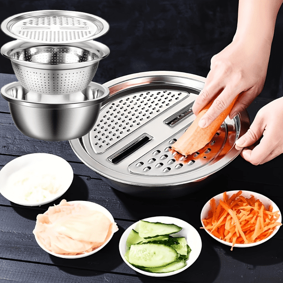 3pcs Stainless Steel Kitchen Grater Set with Draining Bowl, Washing Basin & Mandoline Slicer for Potato Prep