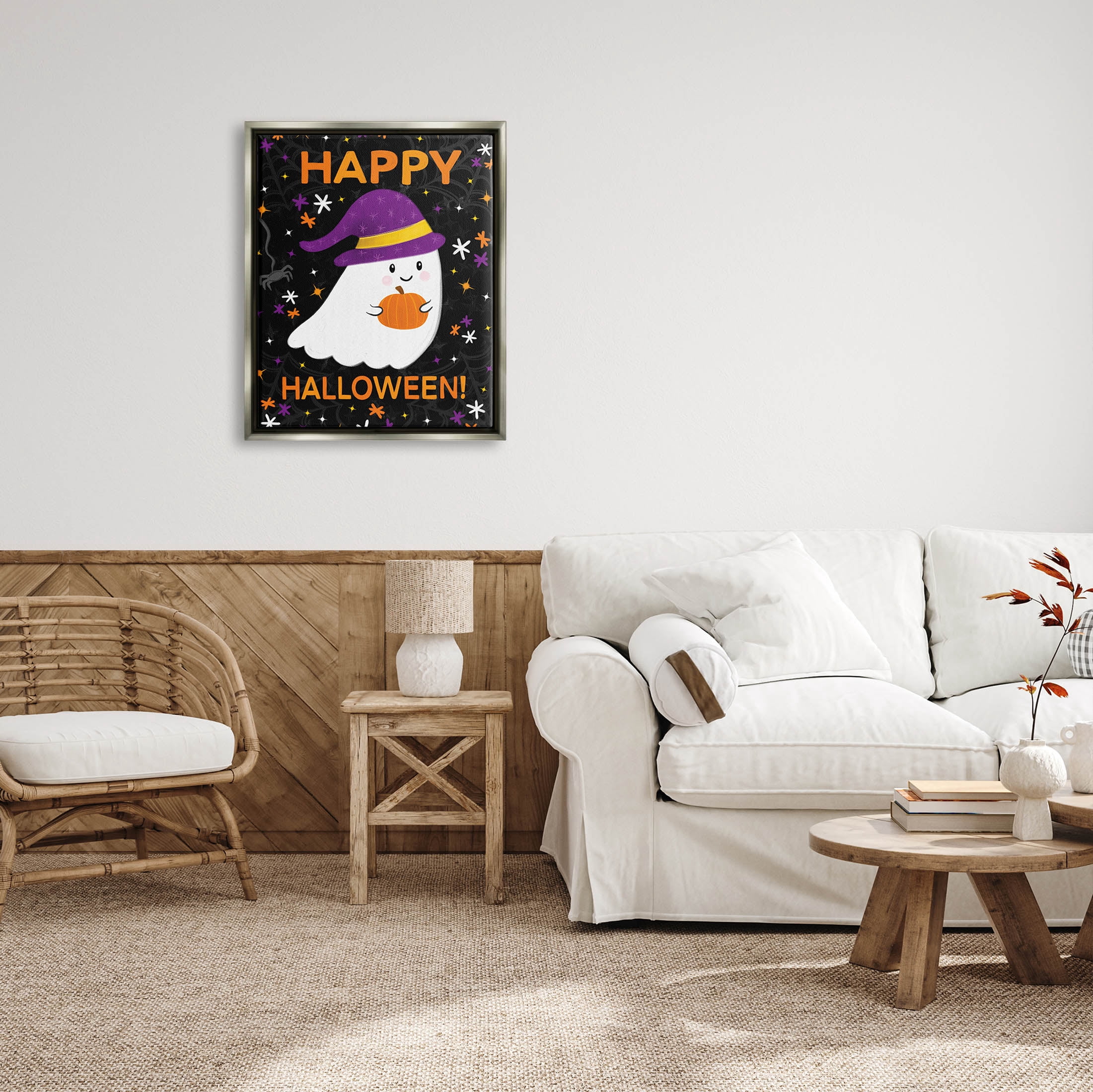 Stupell Industries Happy Halloween Happy Ghost Graphic Art Luster Gray Floating Framed Canvas Print Wall Art, Design by Emily Cromwell