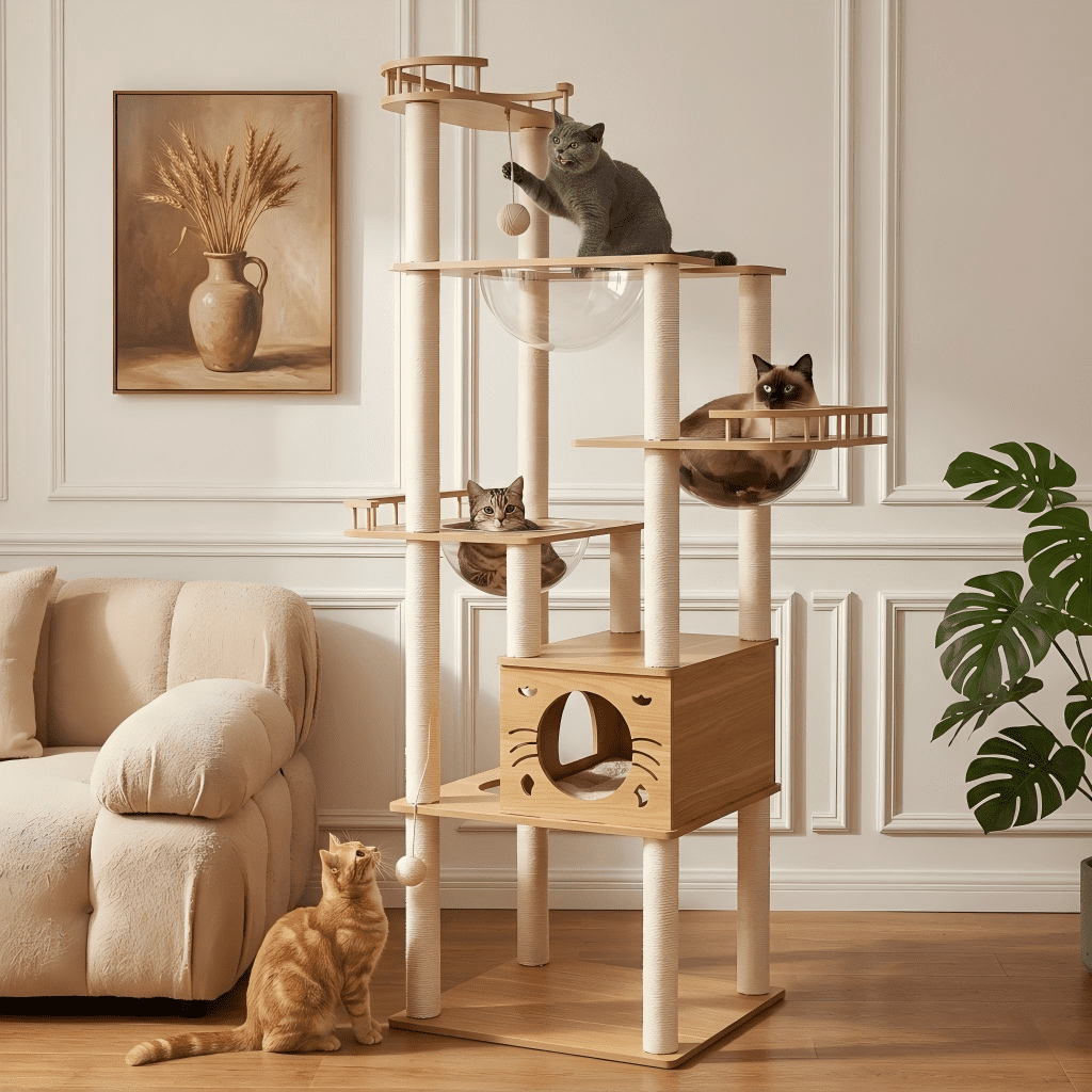 Mekidulu 73in Modern Wood Cat Tree Tower with 3 Space Capsules, 7-Level Indoor Condo, Natural