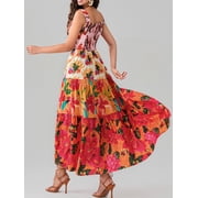 Mevireiy Women Y2K Flowy Smocked Maxi Dress Sleeveless Tie Shoulder Boho Floral Beach Sundresses