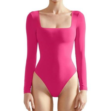 Women Square Neck Long Sleeve Bodysuit Sexy Thong Bodysuit Shirts