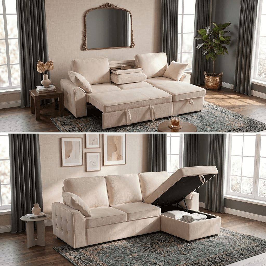 Howcool Sectional Sleeper Sofa,L Shaped Chenille Convertible Sofa Bed 85.5" 3 Seater with Flip-Down Center Console,Pull Out Couch for Living Room Apartment Office,Beige