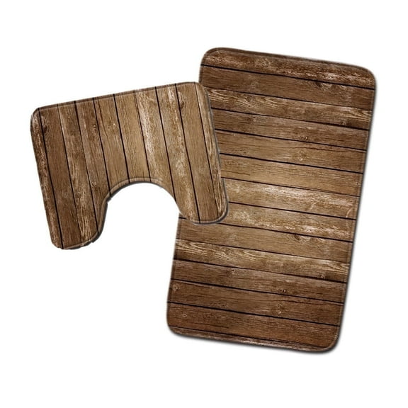 2Pcs/Set Flannel Bathroom Rugs Brown Wood Grain Decor Non-Slip Backing Water Absorbent Bath Mats