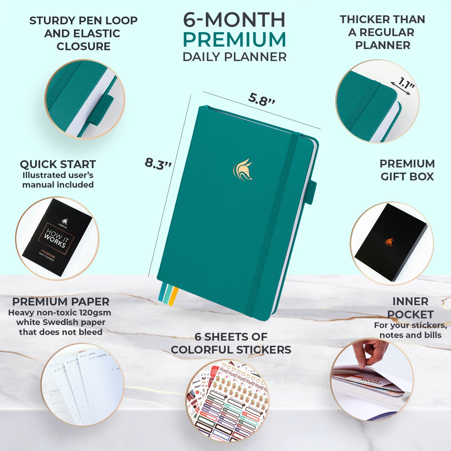 Clever Fox Planner Daily Premium Edition - Undated Luxurious Daily Planner with Hourly Schedule, Personal Organizer, Productivity & Goal Journal, Start Anytime, A5-sized, Lasts 6 Months - Viridian