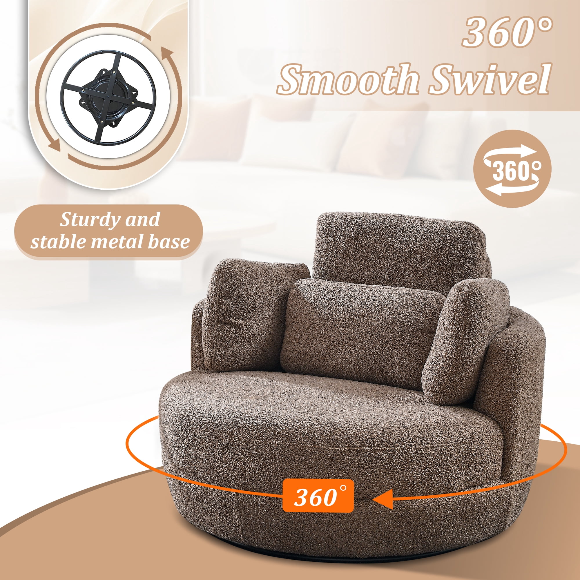 Dinosisco 39"W Oversized Swivel Accent Barrel Chair with Storage Ottoman, Brown Teddy