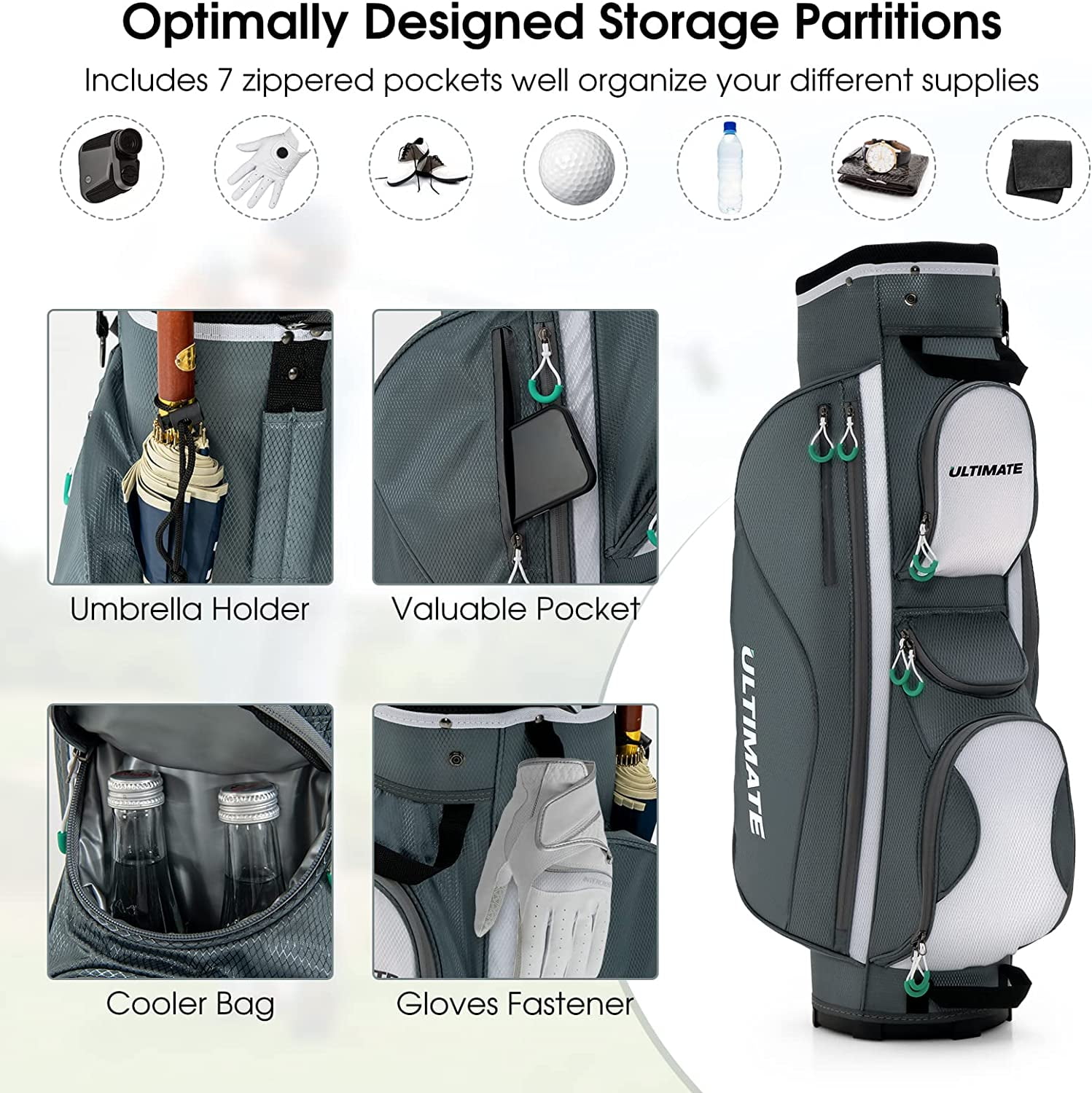 Neatifyes Golf Cart Bag with 14 Way Top Dividers, Lightweight Golf Cart Bag with Shoulder Strap, 7 Zippered Pocket, Cooler Bag & Valuable Pocket, Portable Golf Club Bag with Rain Hood/Dust Cover