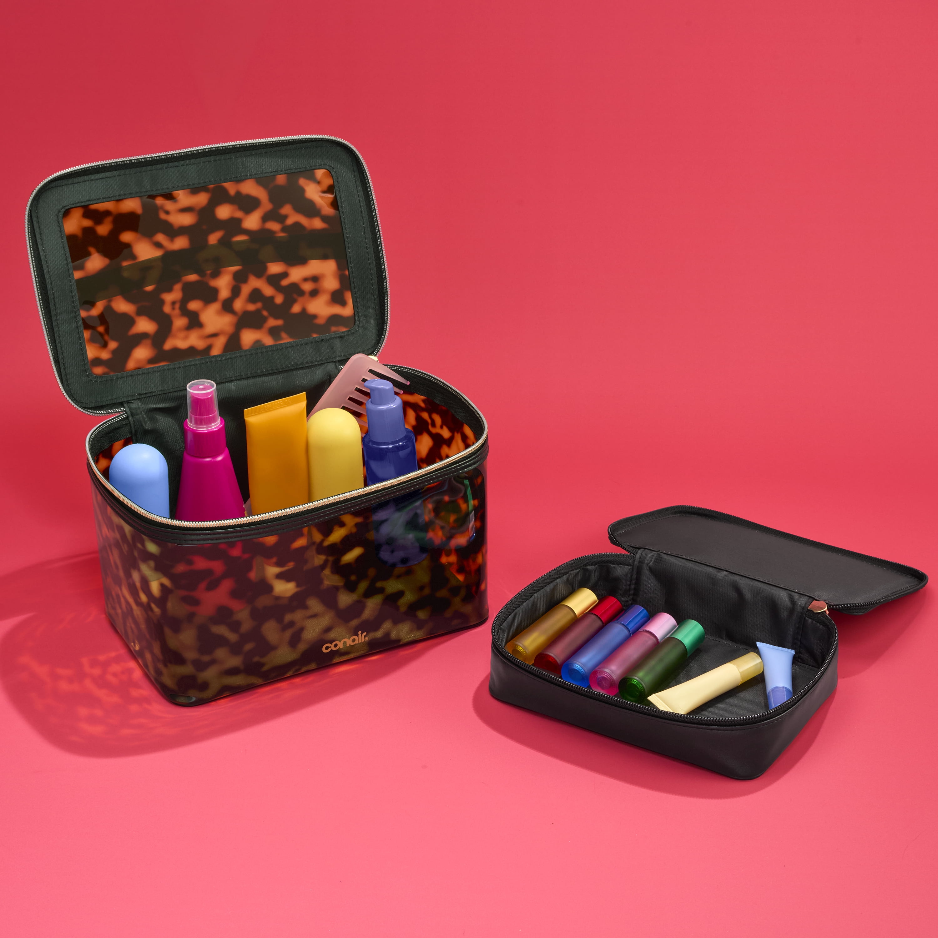 Conair Tortoise Train Case, Travel Makeup Bag with Faux Leather Pouch, 2-Piece Set