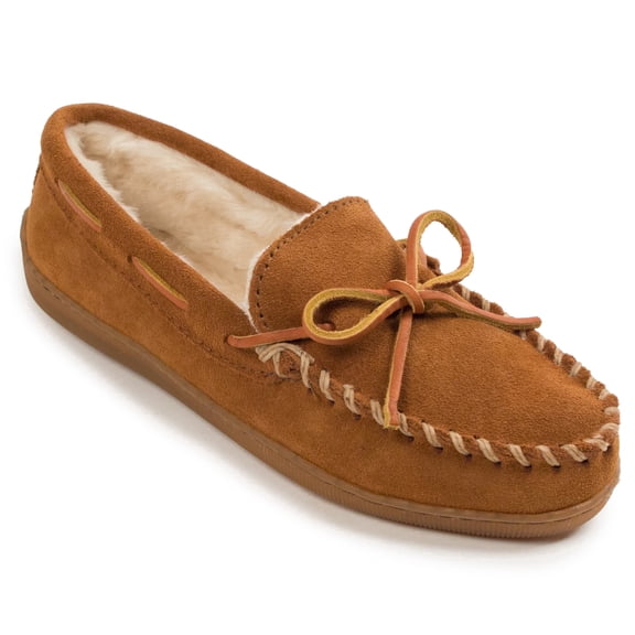 Minnetonka Womens Pile Lined Hardsole Moccasin Slipper, Brown, 8 W