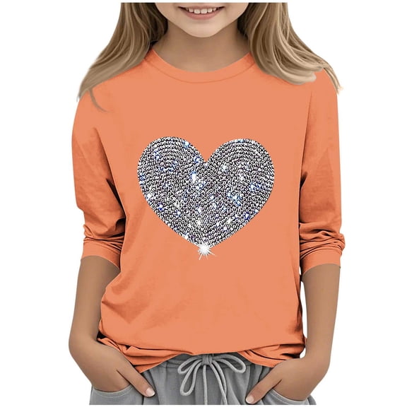 ATOGUTA Girls Valentine's Day Shirts Casual Kids Fall Winter 3/4 Sleeve Cute Pullover Tops Size 3T-12, Orange