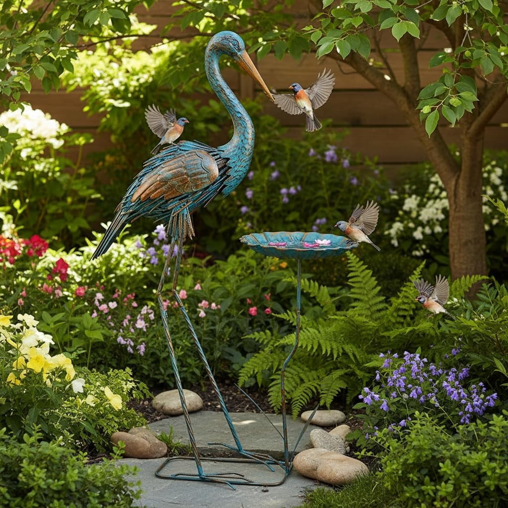 Metal Crane Garden Statue for Outside, Large Heron Outdoor Statues with Leaf Tray, Elegant Crane Yard Art Garden Decor for Garden Yard, Porch