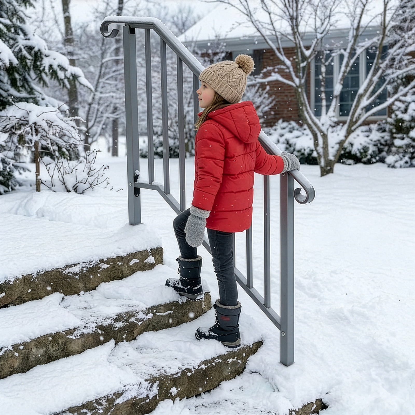 Silver Powder Coated Galvanized Iron Stair Handrail Curved Picket Step Railing Fit 3 Steps Outdoor Garden Anti-Rust Safety Rail With Installation Hardware