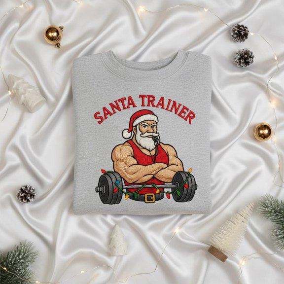 Embroidered Santa Trainer Sweatshirt, Funny Christmas Gym Crewneck, Bodybuilding Weightlifting Gift, Buff Santa Xmas Workout Shirt