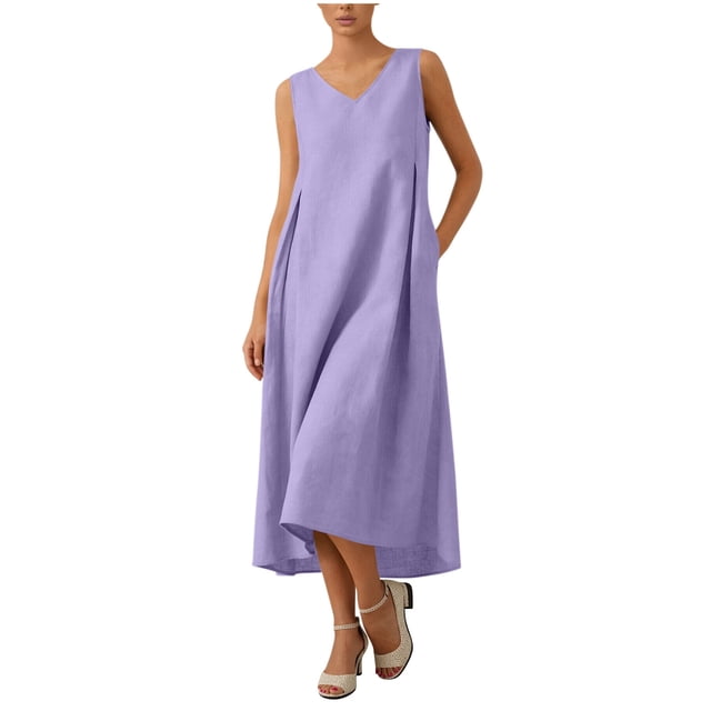 Vestido Corto para Mujeres Moda de Verano Sólido Cuello en V sin Mangas Bolsillo Plisado Vestido Casual Diario