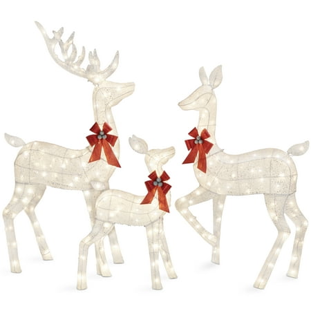 Best Choice Products 3-Piece Lighted Christmas Deer Set Outdoor Yard Decoration w/ 360 LED Lights  Stakes - White