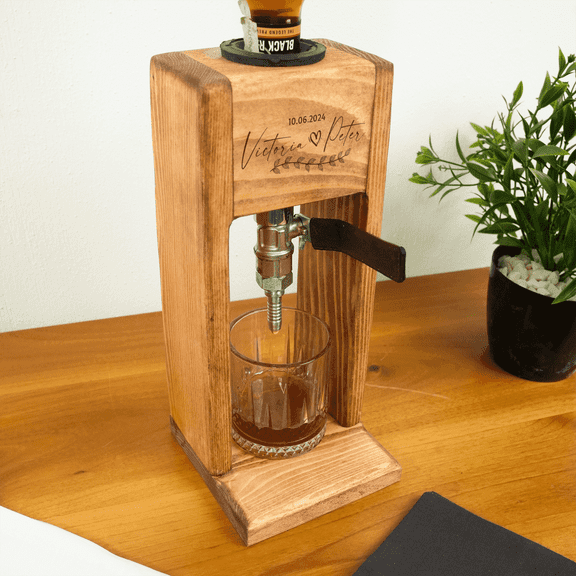 Personalized Whiskey Dispenser with Glass – Oak or Walnut Stand, Single Tap with Leather Handle Valve
