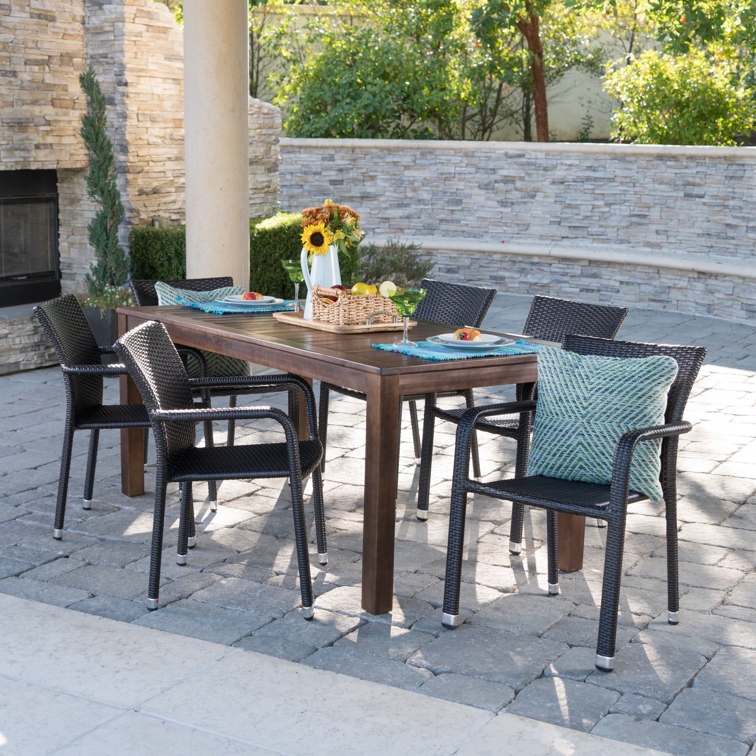 Hassan Outdoor 7 Piece Dining Set with Wood Table and Wicker Dining ...