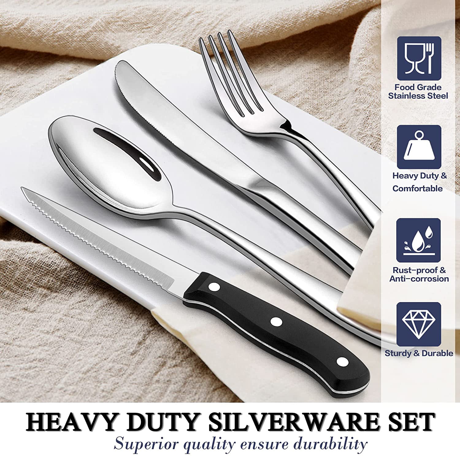 72-Piece Heavy Duty Silverware Set with Steak Knives, Hidove Fancy  Stainless Steel Flatware Set for 12, Thick Cutlery Eating Utensils Include  Forks 