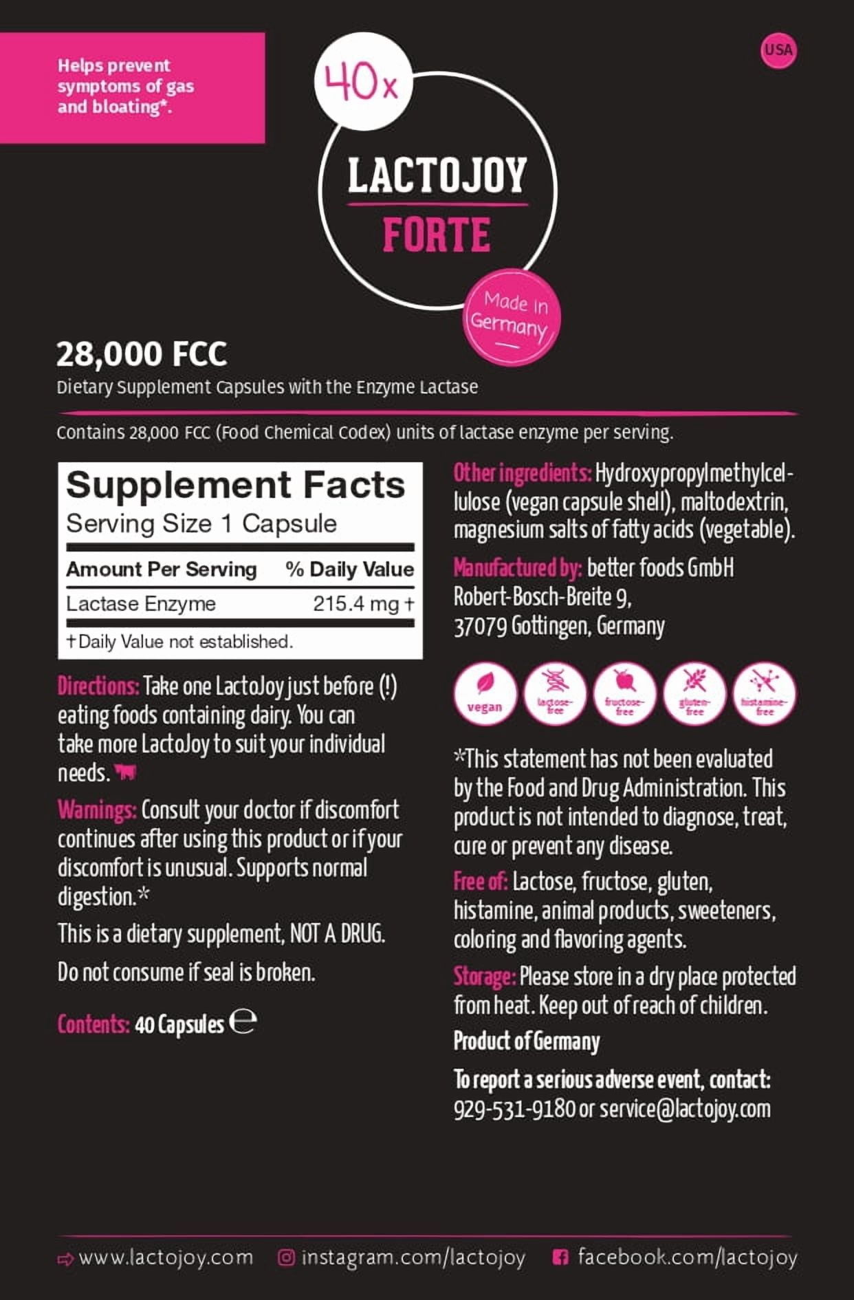 LactoJoy Forte 28,000 FCC – Lactase Capsules with Sustained Enzyme Activity for Up to 6 Hours – 40 Vegan Capsules – Fast-Acting Long-Lasting Lactase – No Additives – Made in Germany
