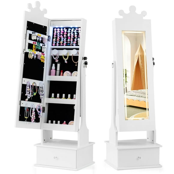Gymax Kids Jewelry Armoire w/3-Color Lighted Full Length Mirror & Inside Led Lights White