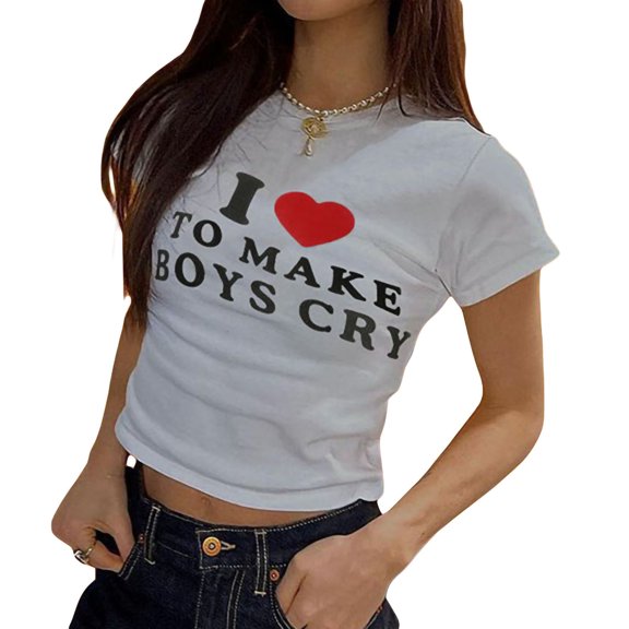 Aunavey Womens Y2K Print Crop Tops I Love To Make Boys Cry T-Shirt Kawaii Punk Graphic Summer Short Sleeve Tee