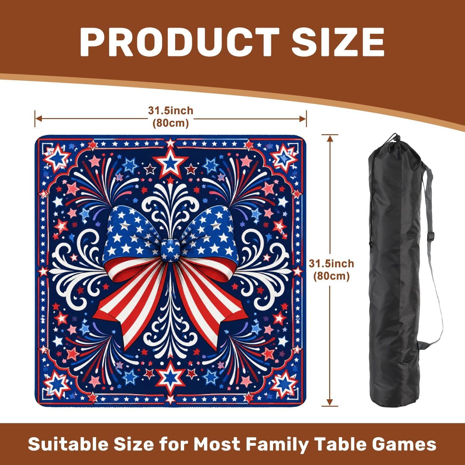Mahjong Mat with Carrying Bag 31.5" x 31.5" Non-Slip Noise Reduction Patriotic Red White Blue Star Spangled Ribbon Bow Table Mat for Mahjong Board Game Tile Games Independence Day Decorations