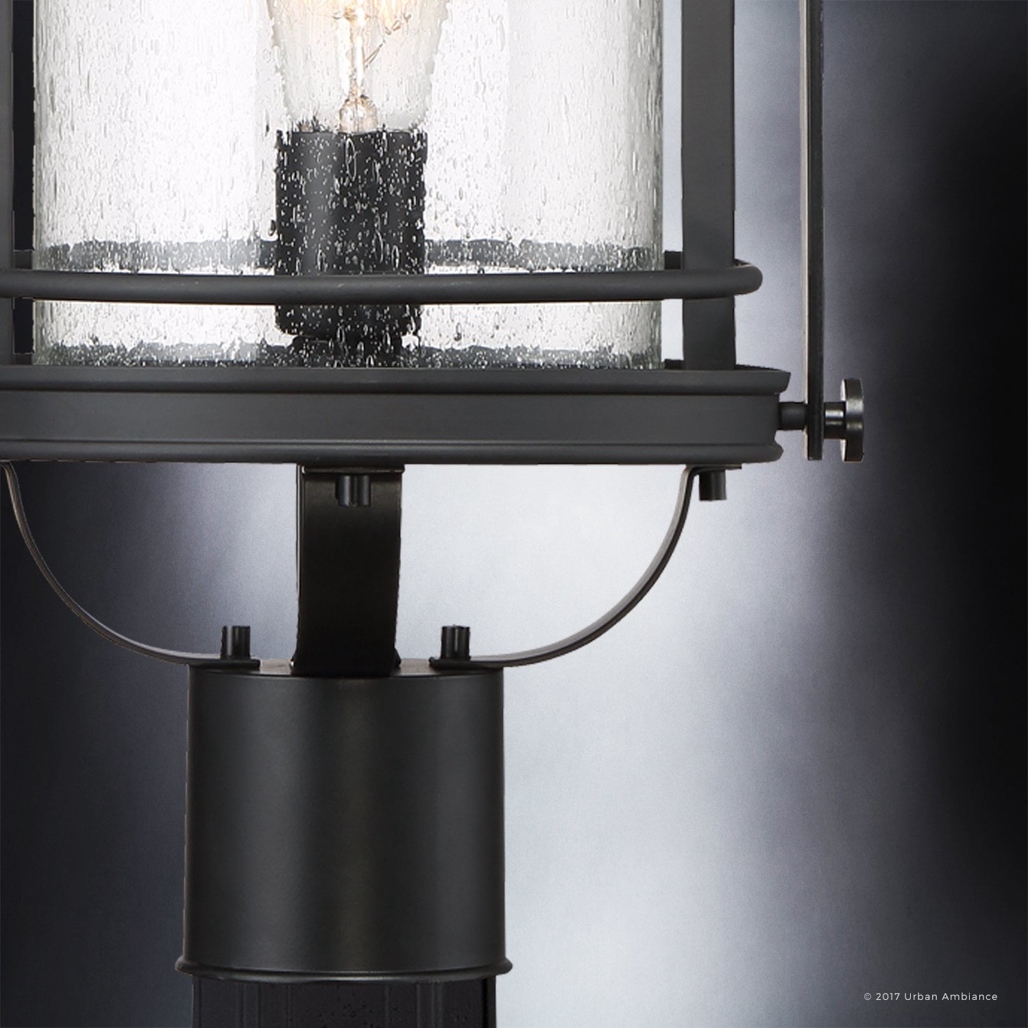 Urban Ambiance Luxury MidCentury Modern Outdoor Post Light, Medium Size: 19.5"H x 10.5"W, with Craftsman Style Elements, High-End Black Silk Finish and Seeded Glass, Includes Edison Bulb, UQL1010