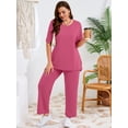 thumbnail image 2 of SHOWMALL Plus Size Matching Sets for Women 2 Piece Leisure Outfits Short Sleeve Lounge Wear with Pockets Purple Red 1X, 2 of 10