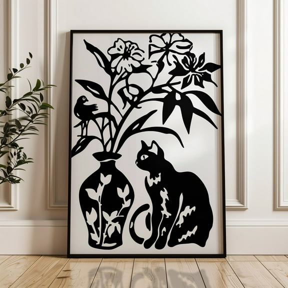 Abstract Cat Bird Botanical, Black & White Wall Art, Neutral Flower Vase Art, Floral Illustration Botanical Print Wall Art, Modern Wall Decor, 8x12 UNFRAMED