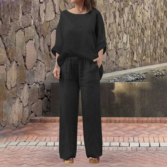 Women's Plus Size Outfit Sets for Fall Stylish Temperament Solid Color Round Neck Blouse and Trousers