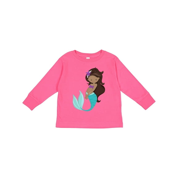 Inktastic African American Mermaid, Brown Hair, Starfish Girls Long Sleeve Toddler T-Shirt