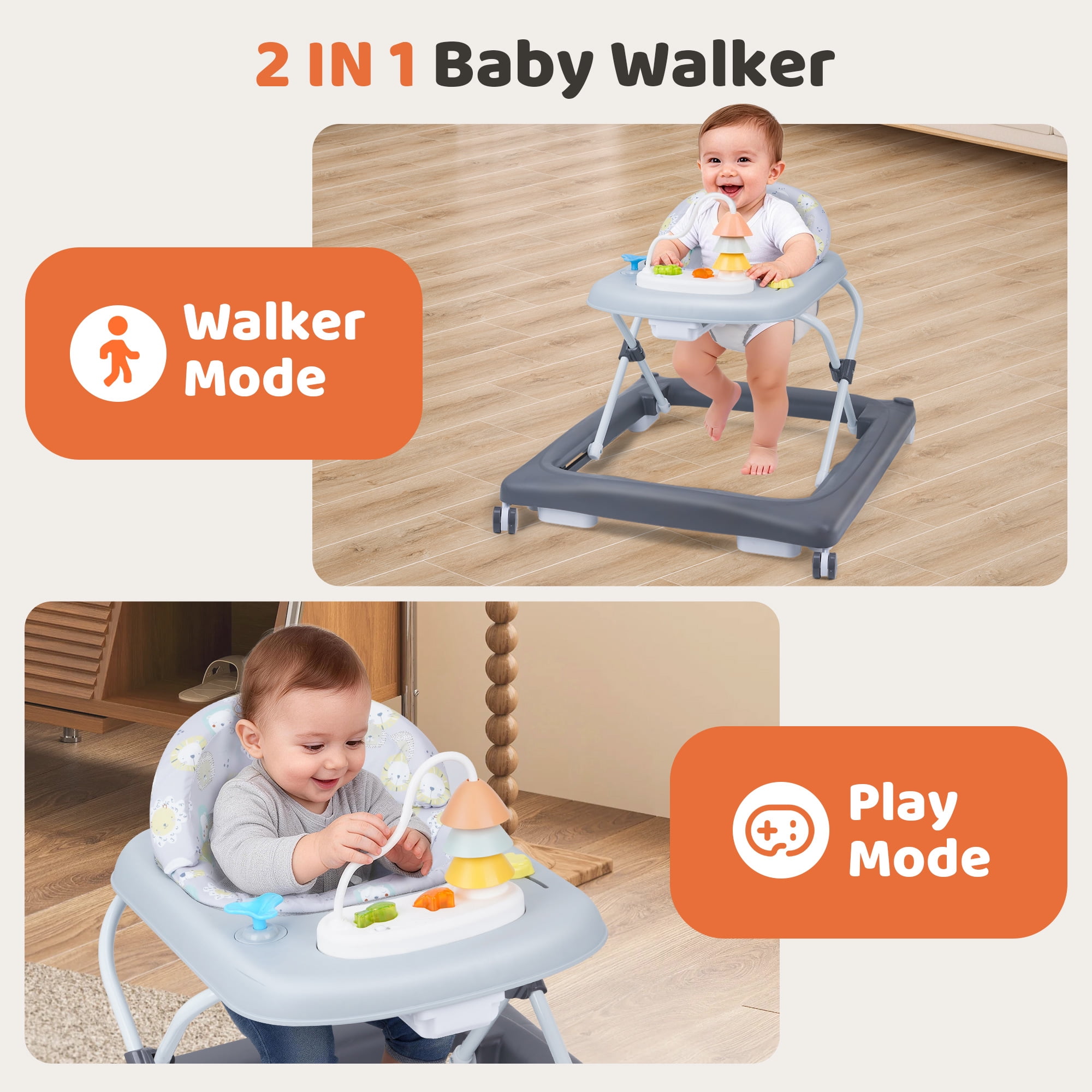 Babyeap Baby Walker,Foldable Baby Activity Walker with Wheels,Toddler Activity Centers,Removable Toys,Ages 6-15 Months,Gray