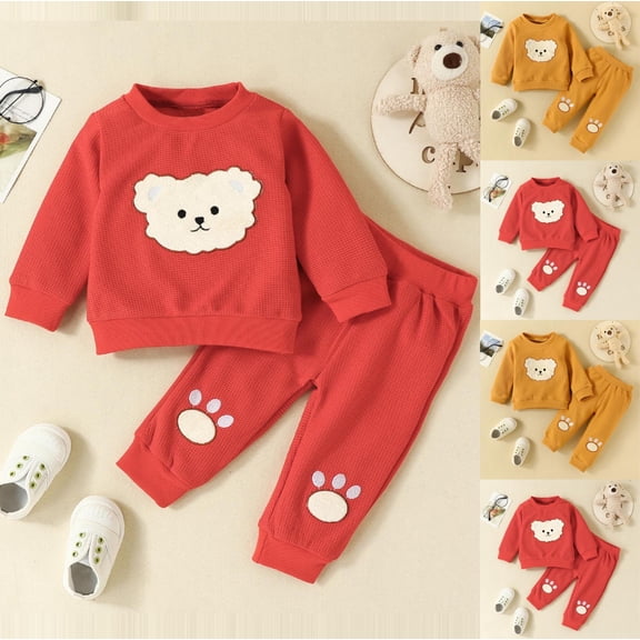 THDHVS Girls Sweatsuit,Toddler Boy Outfits,Fashion Girls and Boys'baby Casual Long Sleeve Round Neck Print Long Pants Sets Orange 12-18 Months
