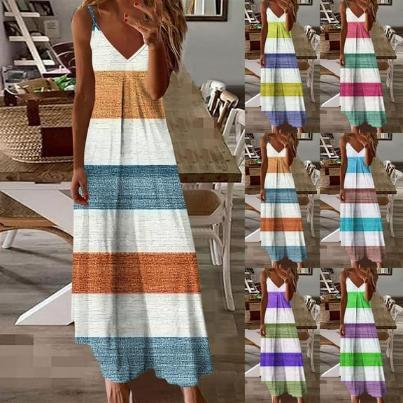Dazajoo Womens Summer Flowy Maxi Dress Colorblock Spaghetti Stripes Tank Dresses Baggy Lightweight Sleeveless Long Dress,Blue,L