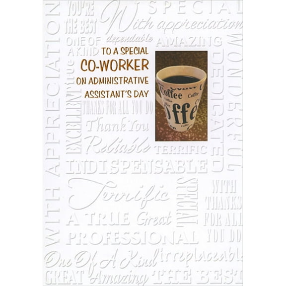 Designer Greetings Coffee Mug : Repeated Positive Words Administrative Assistant's Day Card for Co-Worker
