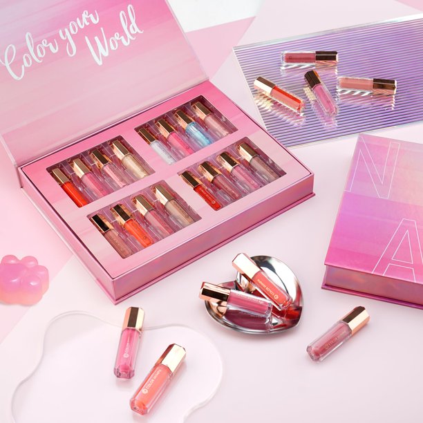 Color Nymph Colección de 16 brillos de labios brillantes para mujeres y niñas, juego de brillo de labios de larga duración con colores ricos y variados (rosa iridiscente)
