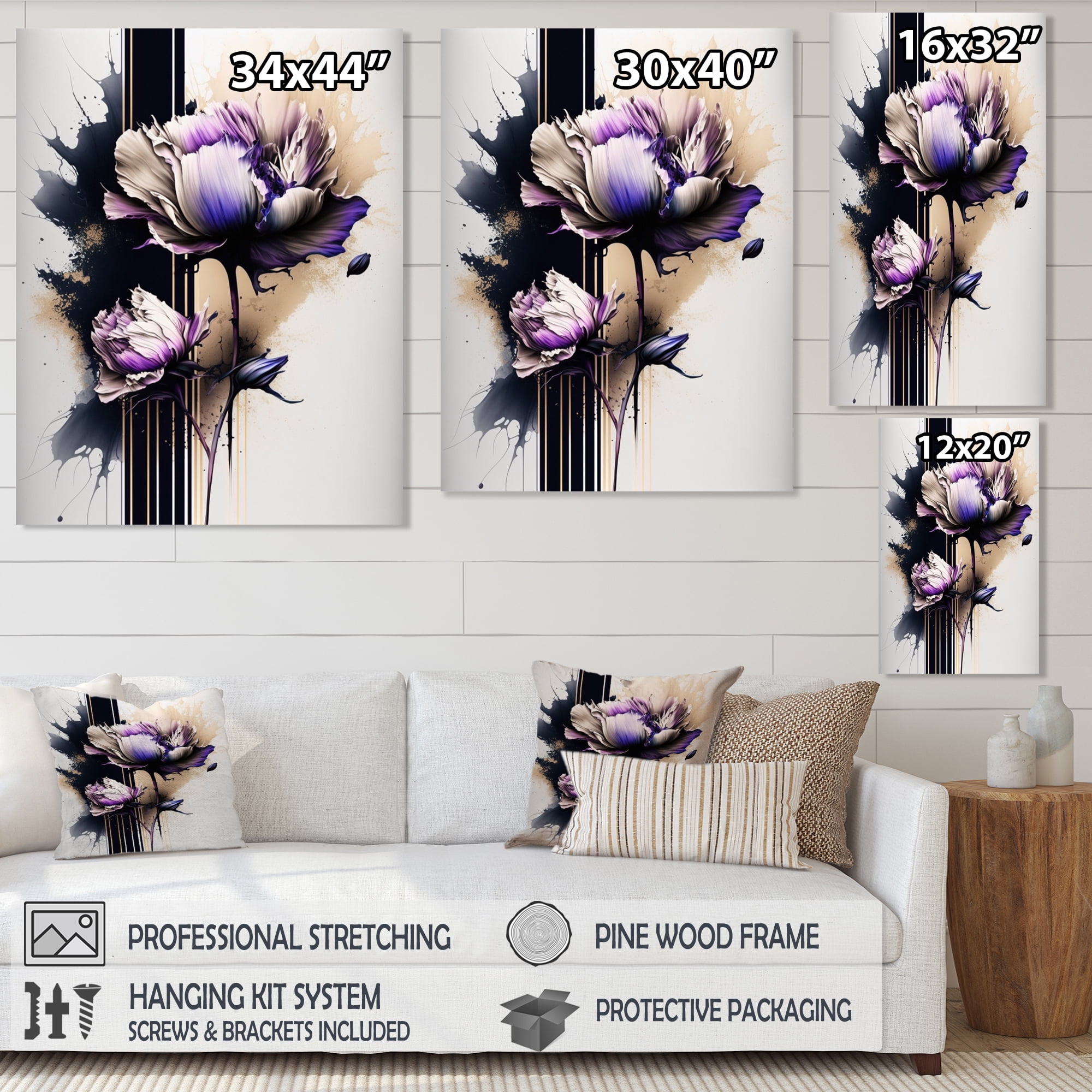 Designart Puple Peony Flower On Abstract Paint III Canvas Wall Art