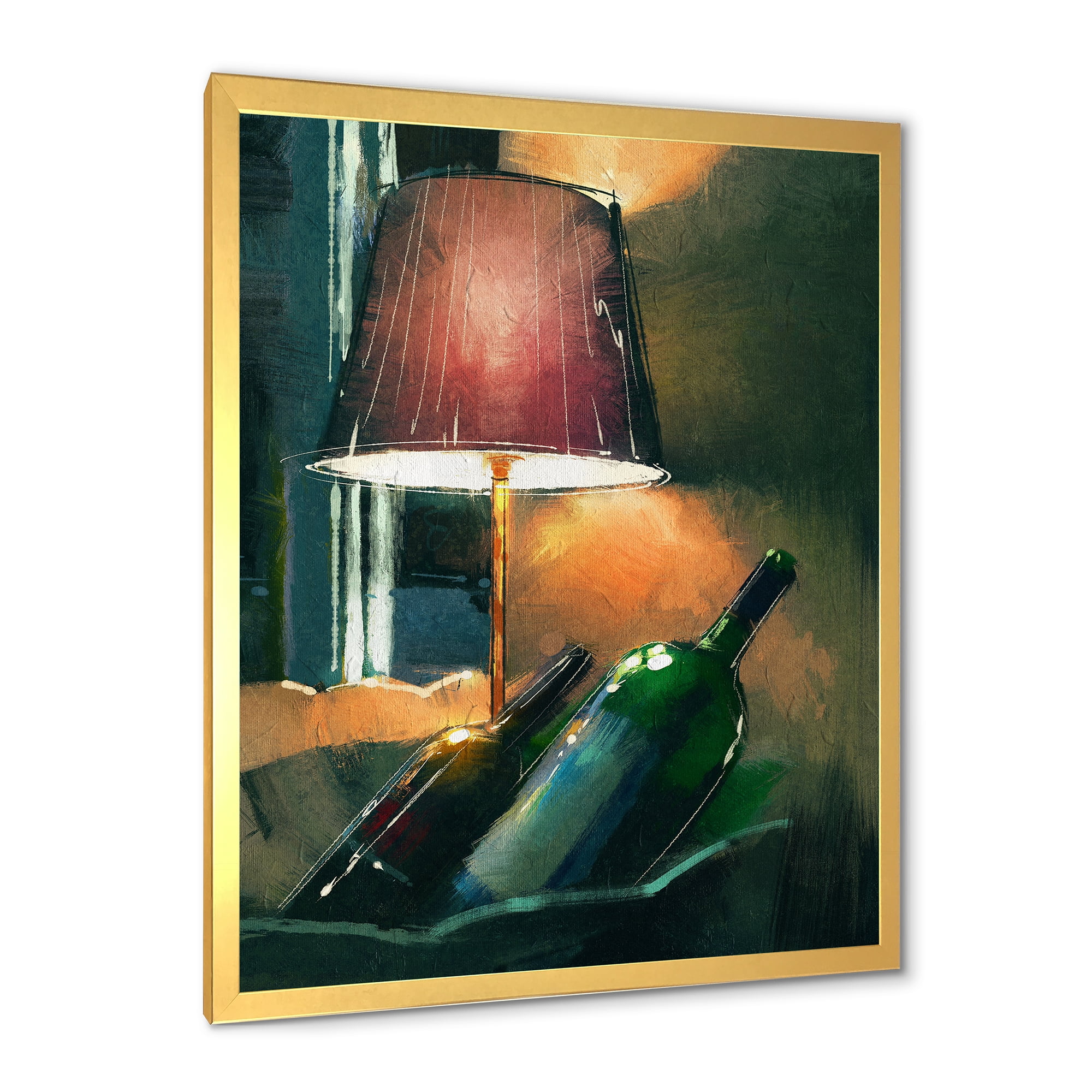 Designart 'Lamp Glowing Orange In The Night and Wine Bottles' Modern Framed Art Print