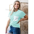thumbnail image 3 of Women's Light Blue Corded Knit Color Block Crew Neck T-Shirt with Pocket | [ZhiHiMeRi] | (US 12-14)L, 3 of 12
