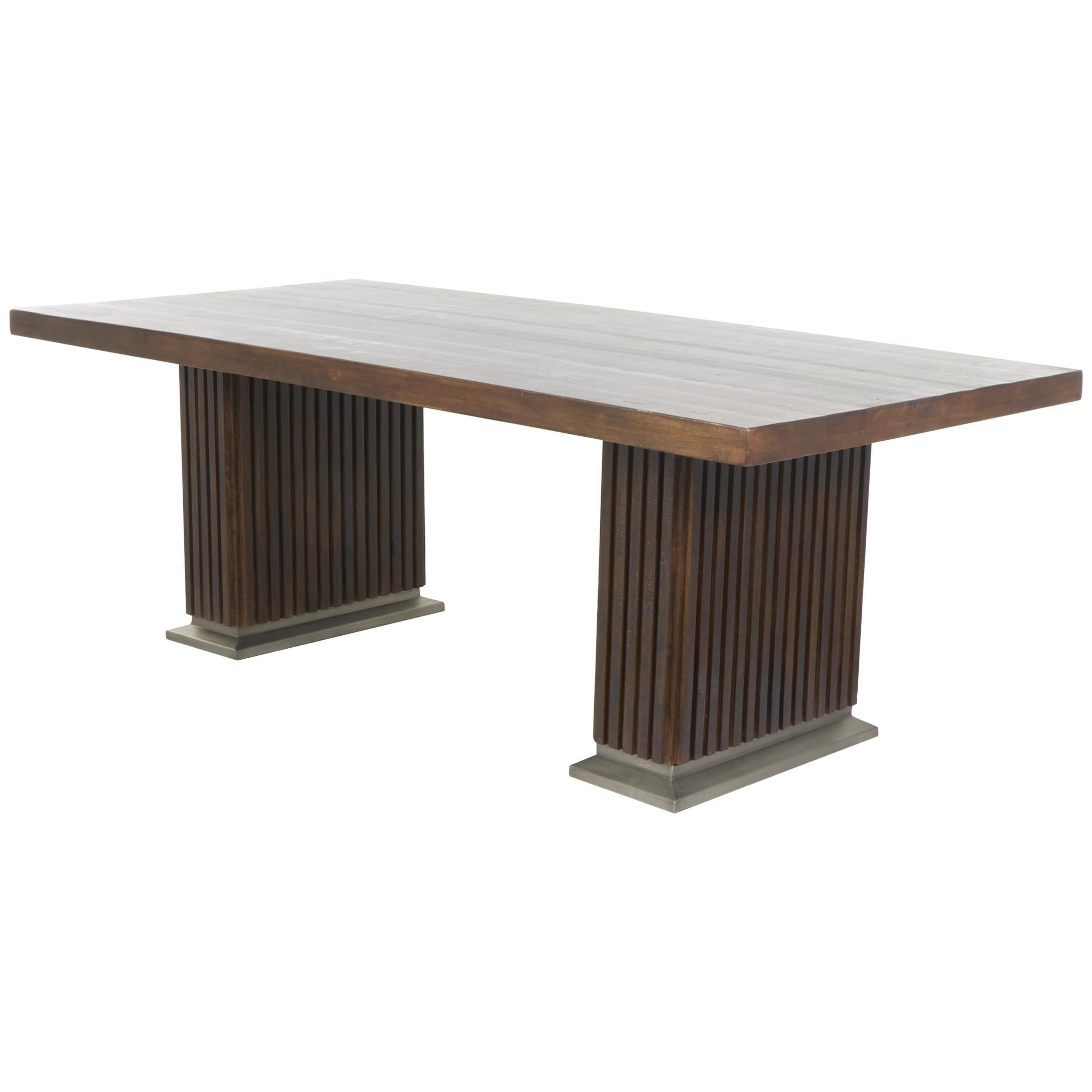 DecMode 84" x 30" Brown Mango Wood Mid Century Modern Dining Table with Ribbed Legs and Silver Bases, 1-Piece