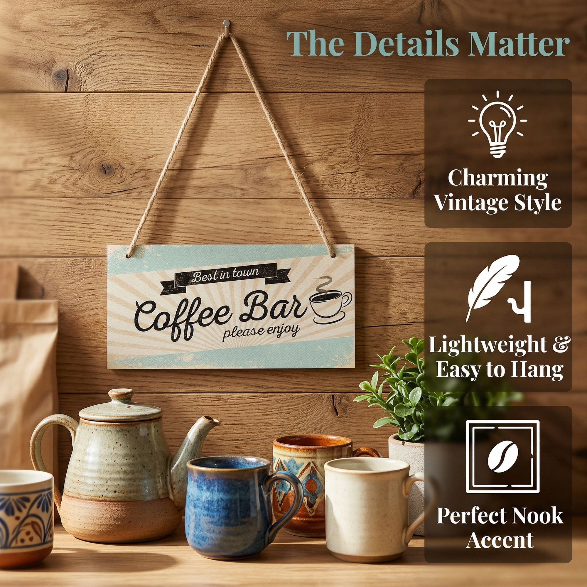Unique Bargains Coffee Bar Sign Station Decor Rustic Wood Hanging Plaque Style F 3.9in