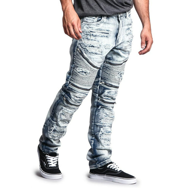 Victorious Men's Distressed Wash Slim Fit Moto Pants Biker Jeans - Ice -  34/30 