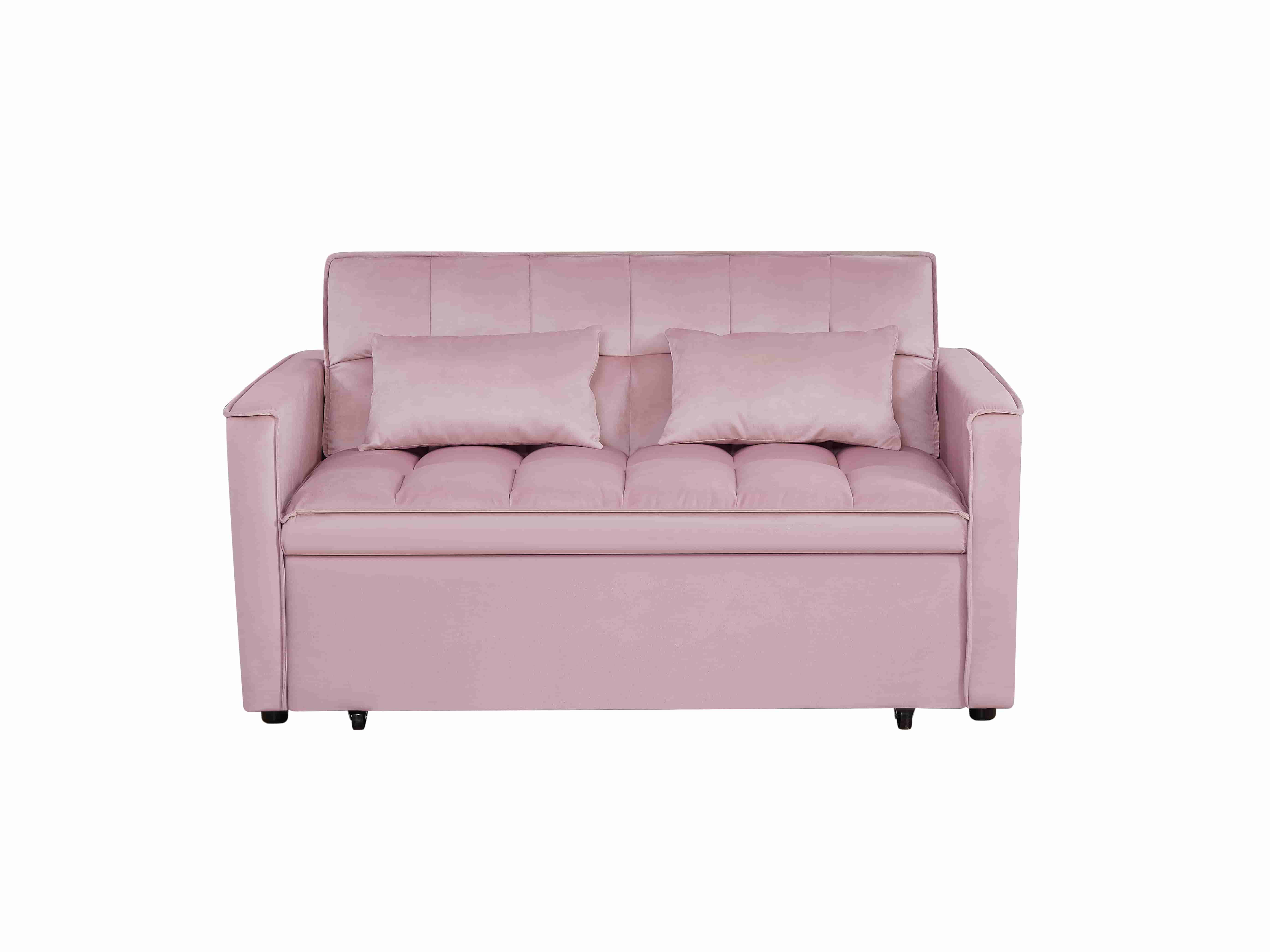 BSHTI 54-inch Pull-out Sleeper Sofa Bed, Velvet Upholstery, Solid Wood Frame, 3-Angle Adjustable Backrest, Storage Side Pocket, Twin-Size Bed, Pink