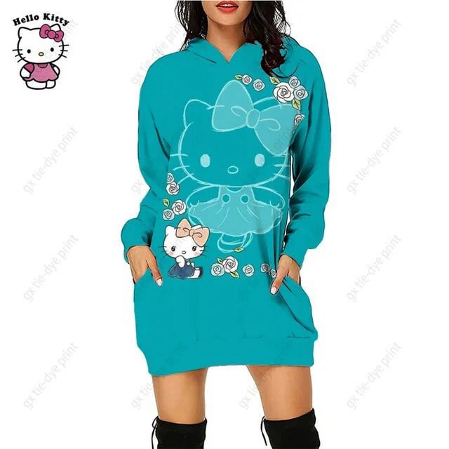 Nouveau Chandail à Capuchon Léopard Hello Kitty Femme Simple Col Rond Polyvalent Chandail Long Bureau Décontracté Ample Chandails à Capuchon Robe d'Automne