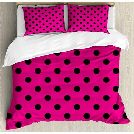 Hot Pink Duvet Cover Set, Pop Art Inspired Design Retro Pattern of Black Polka Dots Classical Spotted, Decorative Bedding Set with Pillow Shams, Hot Pink Black, by