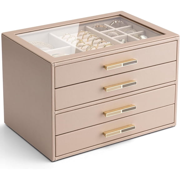 4 Layer Jewelry Box for Women, Glass Lid Jewelry Organizer with 4 Drawers for Necklaces Rings Earrings Bracelets - Toffee