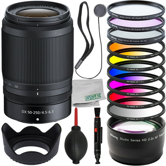 Ultimaxx Essential Nikon NIKKOR Z DX 50-250mm f/4.5-6.3 VR Lens Bundle - Includes: 2.2x Telephoto Lens Attachment, 6PC Gradual Color Filter Kit & More (18pc Bundle)