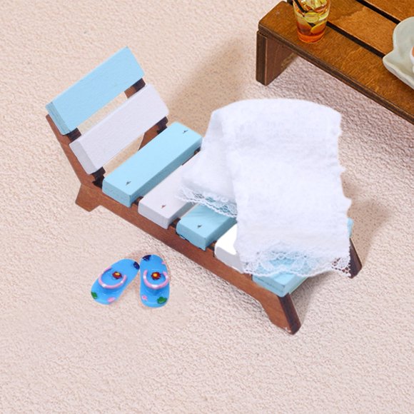 YAOMOBB Wooden Deck Chair Model Miniature Sauna Kit Mini Wooden Deck Chair Towel Slippers Basket Bucket Plants Model