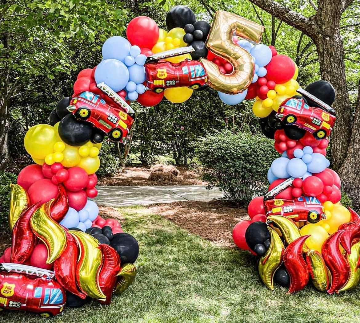 Fire Balloon Garland Arch Kit 144PCS Balloons with Fire Truck Foil Balloons for Fireman Birthday Party Supplies Firefighter Rescue Theme Decoration Red Yellow Chrome Gold